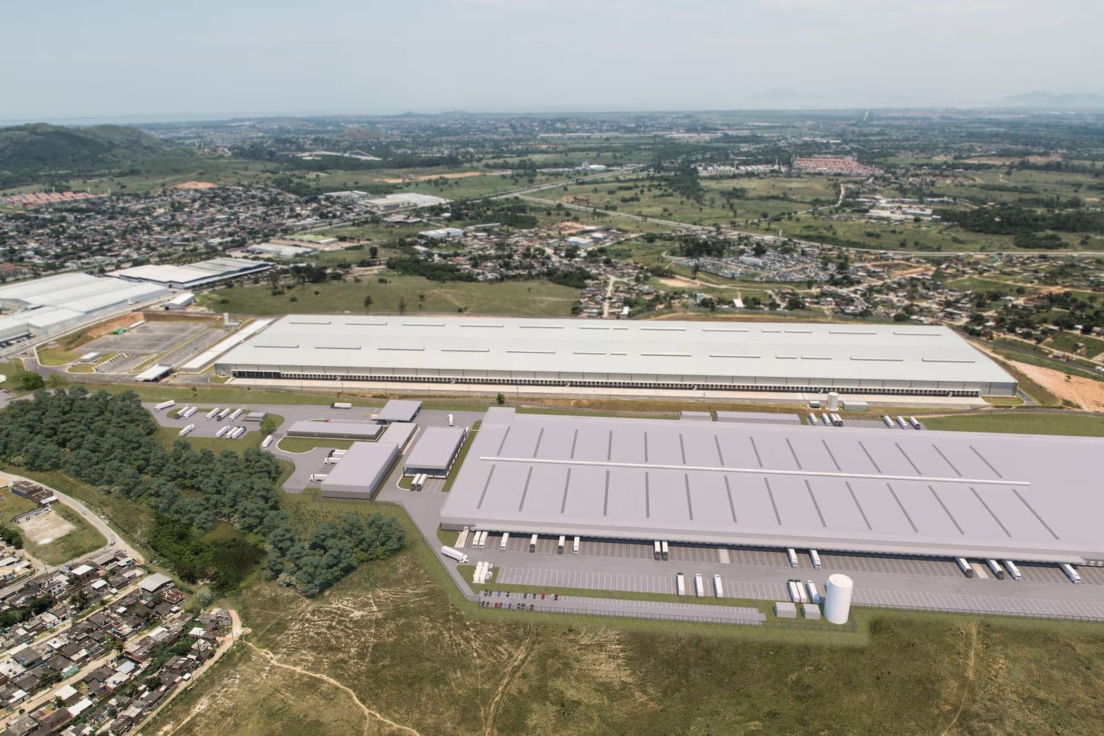 Implantação de galpões modulares de grande extensão vistos do alto